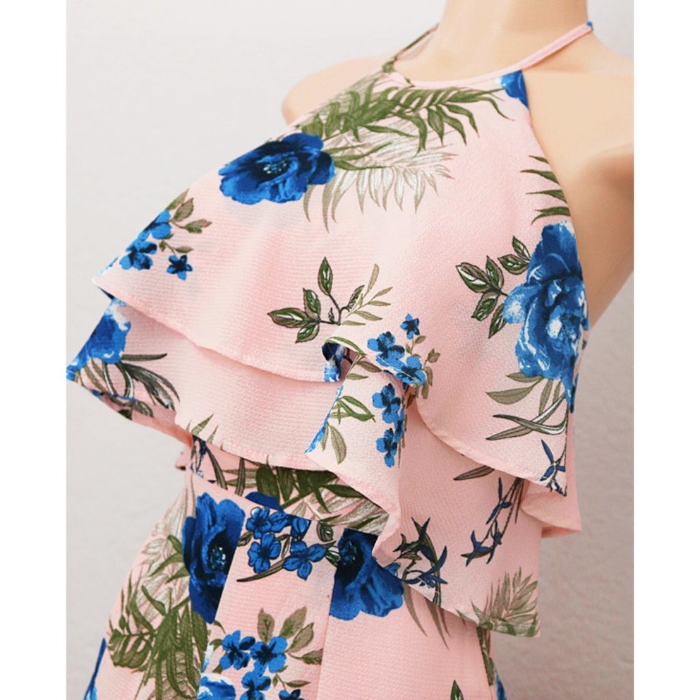 Pink Floral Flounce Ruffle Halter Tie Back Romper - Picture 2 of 8
